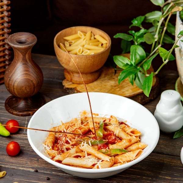 Penne pasta with red sauce, green peppers, and cheese in a white bowl.