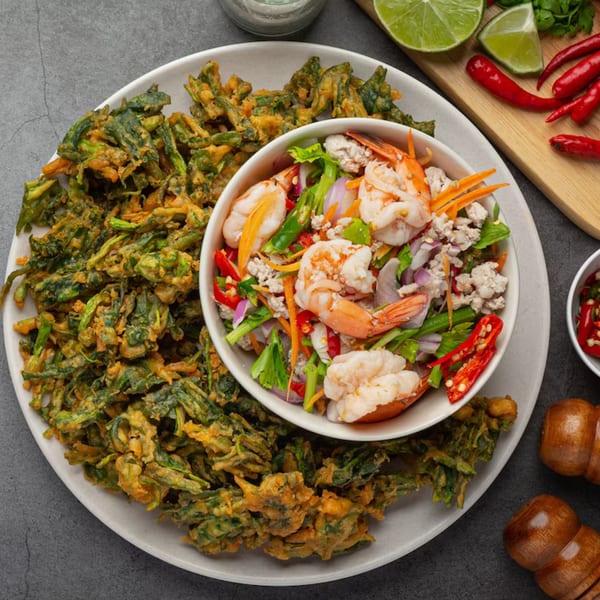 Crispy fried morning glory with a bowl of spicy shrimp and minced pork salad.